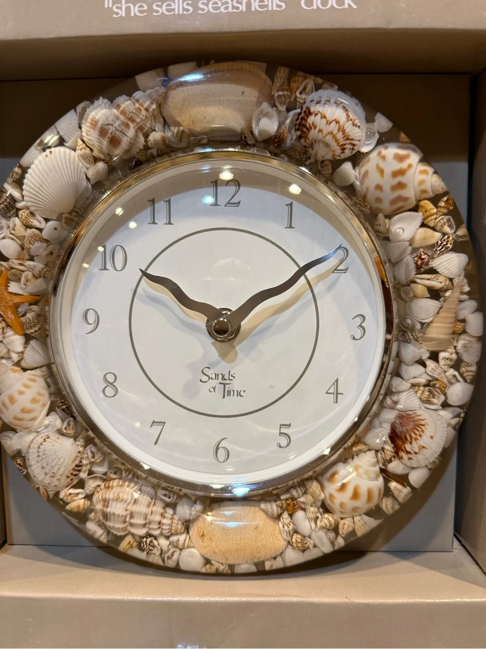 Sands of Time Collection “She Sells Seashells” Clock 8”x 8” Contains Real Shells